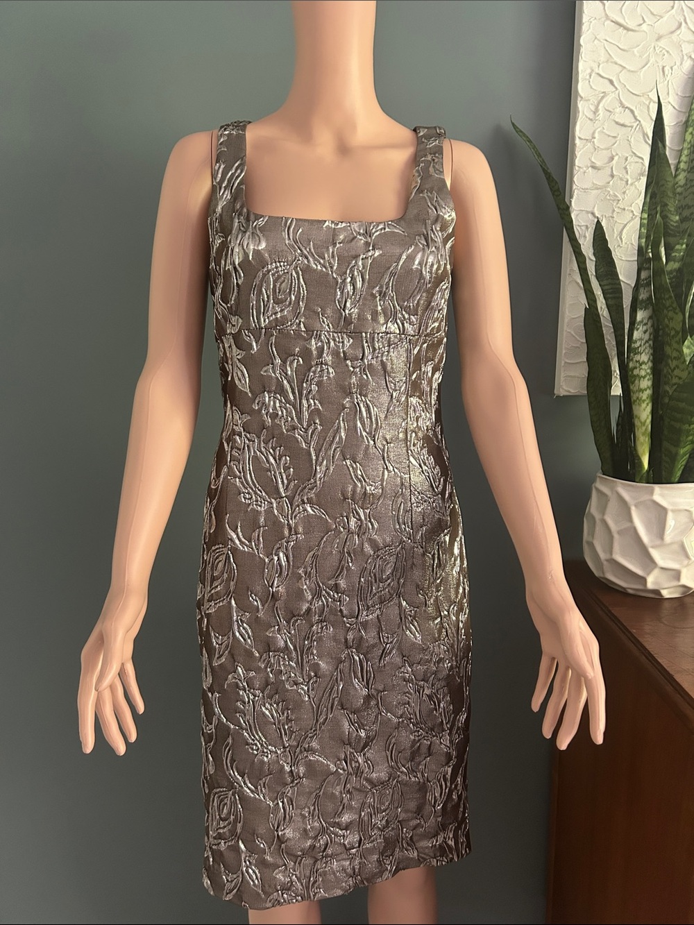 Vintage Michael Kors Silver-Brown Metallic Jacquard Midi Dress